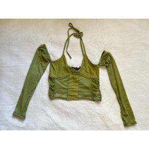 NWT PLT Olive Mesh Paneled Halter Cold Shoulder Crop Top | Size: 4